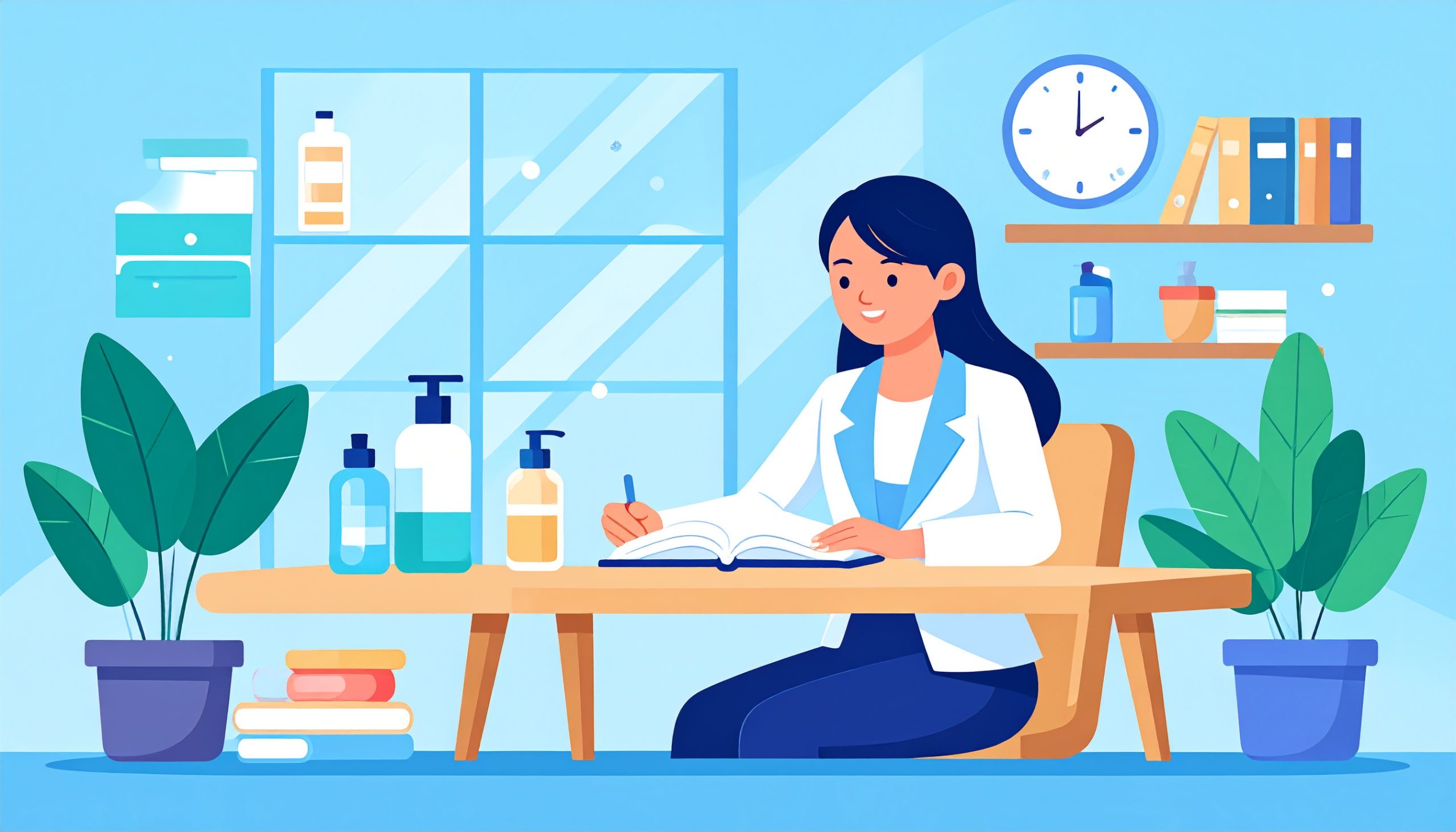 衛生管理者の勉強をする日本人ビジネスパーソン、清潔感、デスク、参考書、明るい雰囲気、