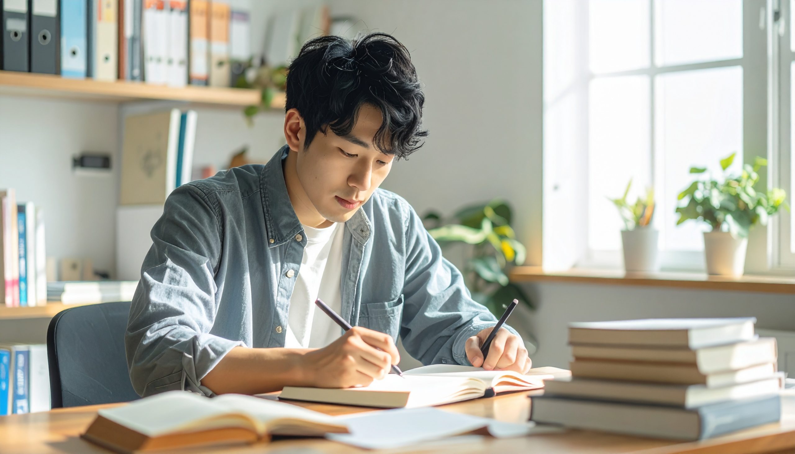 資格試験の独学勉強をする日本人ビジネスパーソン、自宅デスクで参考書とノートを広げている様子、集中している雰囲気、清潔感のある明るい部屋、教育系フラットデザイン、Web記事アイキャッチ、16:9