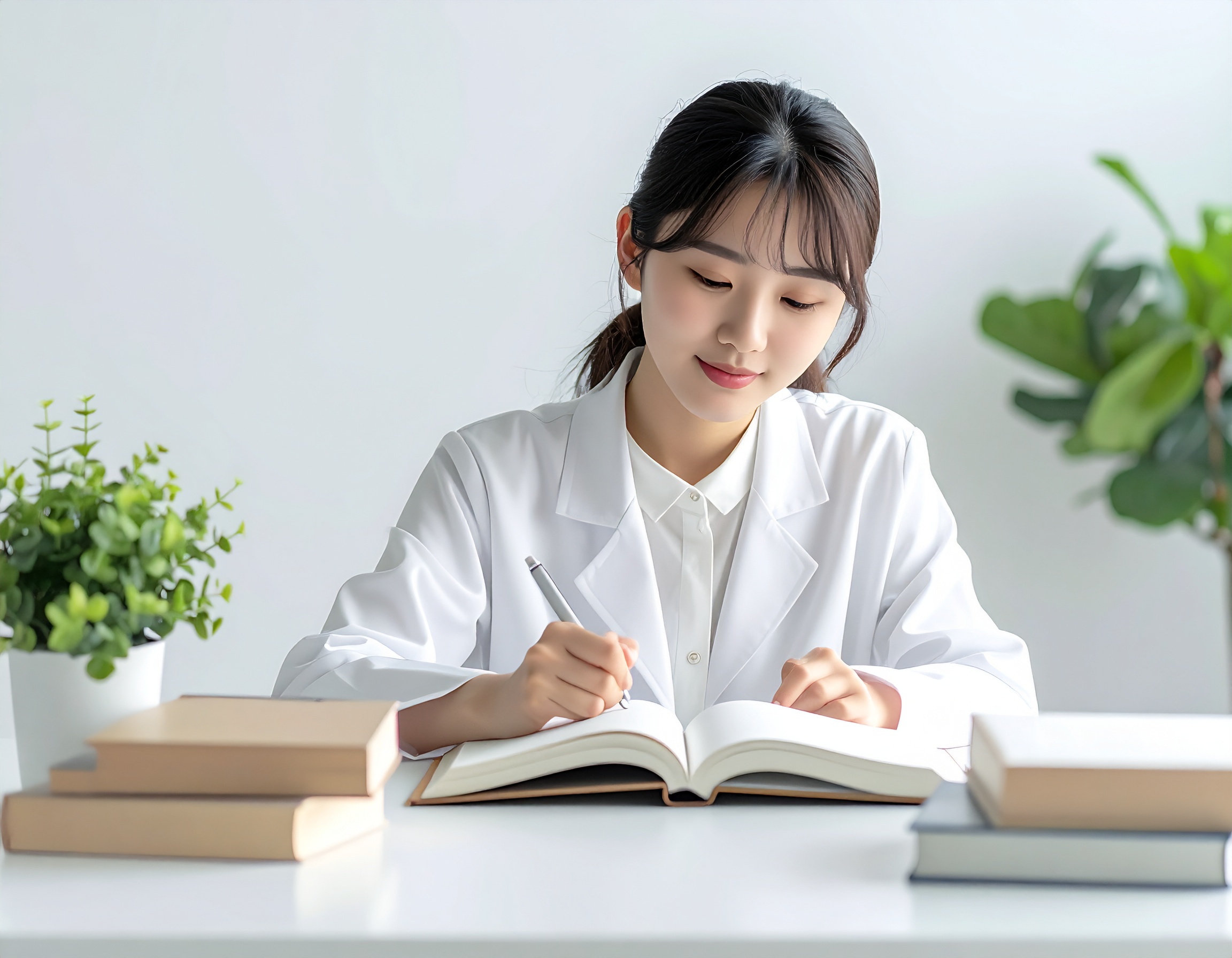 Japanese office worker studying for the Health Supervisor Examination at a clean desk, textbooks and notebook open, professional learning environment, bright natural lighting, realistic photography, educational atmosphere, high quality, no text, no logo, no watermark